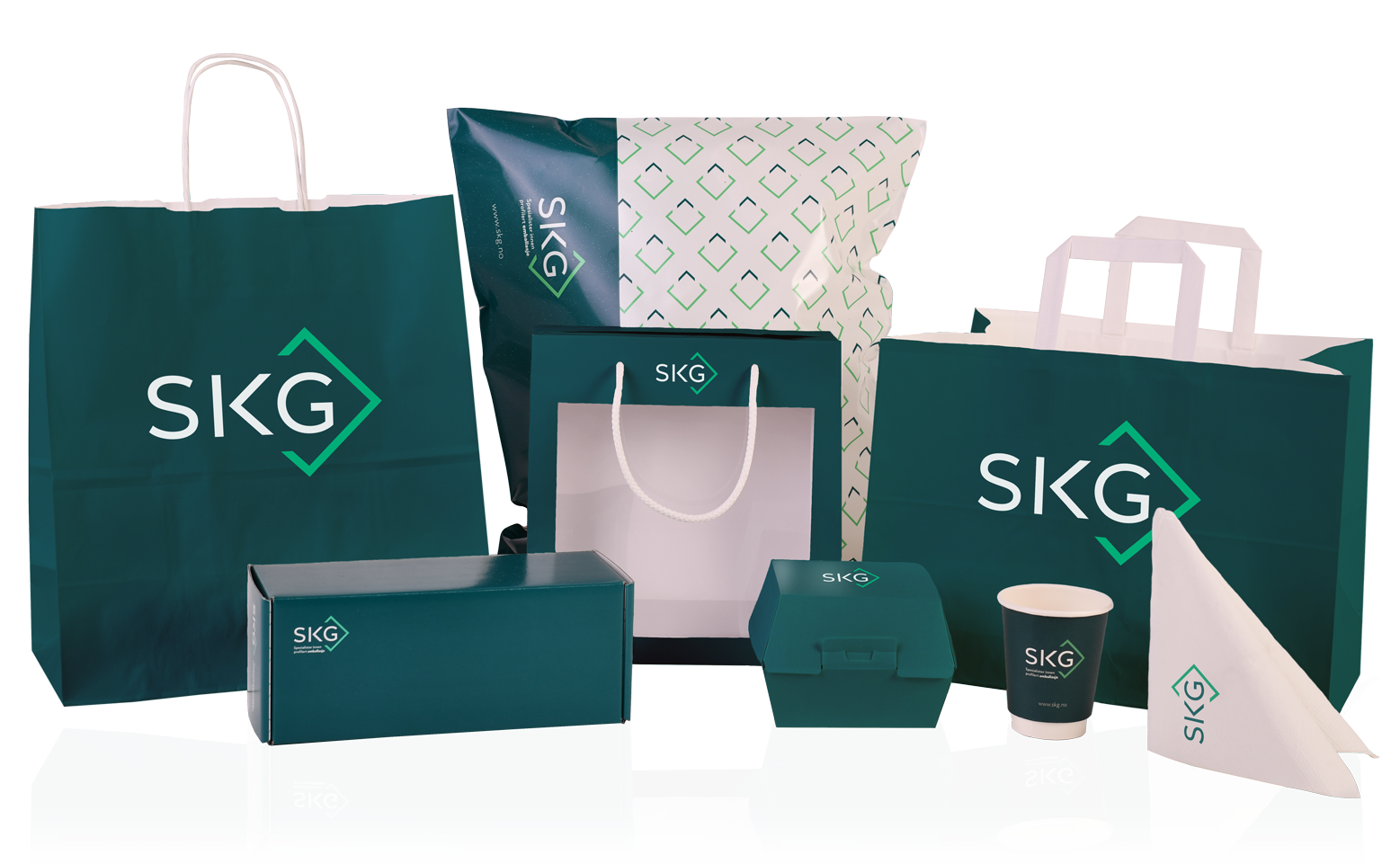 Poser, esker, kopper og Take Away emballasje med logo | SKG - Spesialister innen profilert emballasje